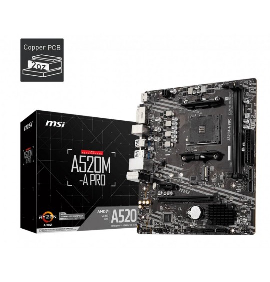 Mainboard | MSI | AMD A520 | SAM4 | MicroATX | 1xPCI-Express 3.0 1x | 1xPCI-Express 3.0 16x | 1xM.2 | Memory DDR4 | Memory slots 2 | 1xDVI | 1xHDMI | 2xAudio-Out | 2xUSB 2.0 | 4xUSB 3.2 | 1xRJ45 | A520M-APRO