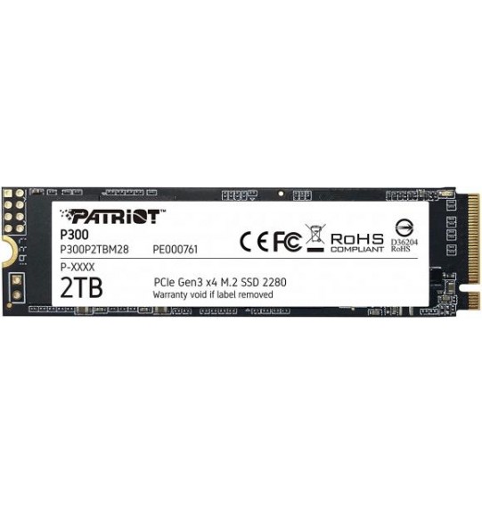 SSD | PATRIOT | P300 | 2TB | M.2 | PCIE | NVMe | QLC | Write speed 1650 MBytes/sec | Read speed 2100 MBytes/sec | 3.8mm | TBW 960 TB | P300P2TBM28