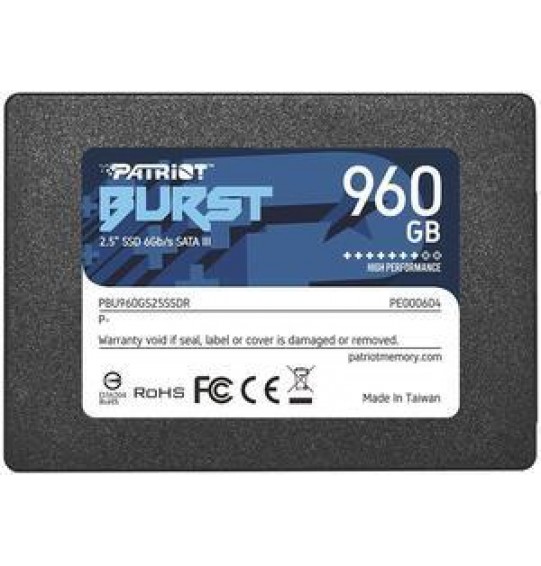 SSD | PATRIOT | Burst Elite | 960GB | SATA 3.0 | 3D NAND | Write speed 320 MBytes/sec | Read speed 450 MBytes/sec | 2,5" | TBW 400 TB | PBE960GS25SSDR