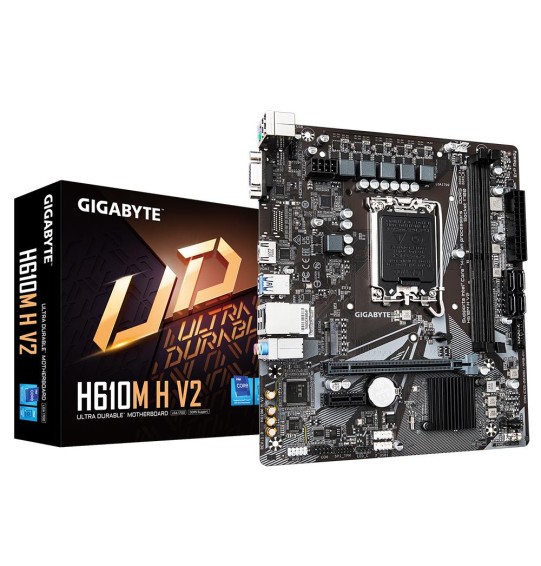 Mainboard | GIGABYTE | Intel H610 | LGA1700 | Micro-ATX | Memory DDR5 | Memory slots 2 | 1xPCI-Express 3.0 1x | 1xPCI-Express 4.0 16x | 1xM.2 | 1x15pin D-sub | 1xHDMI | 4xUSB 2.0 | 2xUSB 3.2 | 1xPS/2 | 1xRJ45 | 3xAudio port | H610MHV21.0