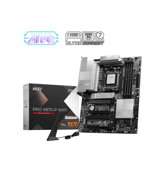 Mainboard | MSI | AMD X870 | SAM5 | ATX | Memory DDR5 | Memory slots 4 | 2xPCI-Express 3.0 1x | 1xPCI-Express 4.0 4x	 | 1xPCI-Express 5.0 16x | 3xM.2 | 1xHDMI | 4xUSB 2.0 | 3xUSB 3.2 | 2xUSB-C | 1xRJ45 | 3xAudio port | PROX870-PWIFI