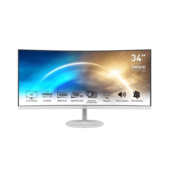 LCD Monitor | MSI | PRO MP341CQW | 34" | Business/Curved/21 : 9 | Panel VA | 3440x1440 | 21:9 | 100Hz | Matte | 4 ms | Speakers | Tilt | Colour White | PROMP341CQW