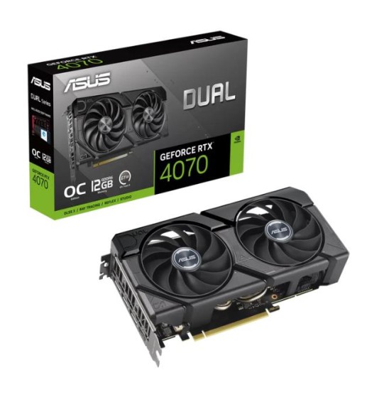 Graphics Card | ASUS | NVIDIA GeForce RTX 4070 | 12 GB | GDDR6 | 192 bit | PCIE 4.0 16x | Triple slot Fansink | 1xHDMI | 3xDisplayPort | DUAL-RTX4070-O12GD6-EVO