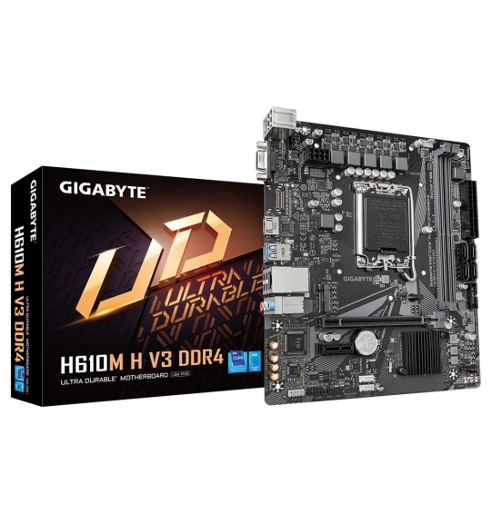 Mainboard | GIGABYTE | Intel H610 | LGA1700 | Micro-ATX | Memory DDR4 | Memory slots 2 | 1xPCI-Express 3.0 1x | 1xPCI-Express 4.0 16x | 1xM.2 | 1x15pin D-sub | 1xHDMI | 4xUSB 2.0 | 2xUSB 3.2 | 1xPS/2 | 1xRJ45 | 3xAudio port | H610MHV3DDR4