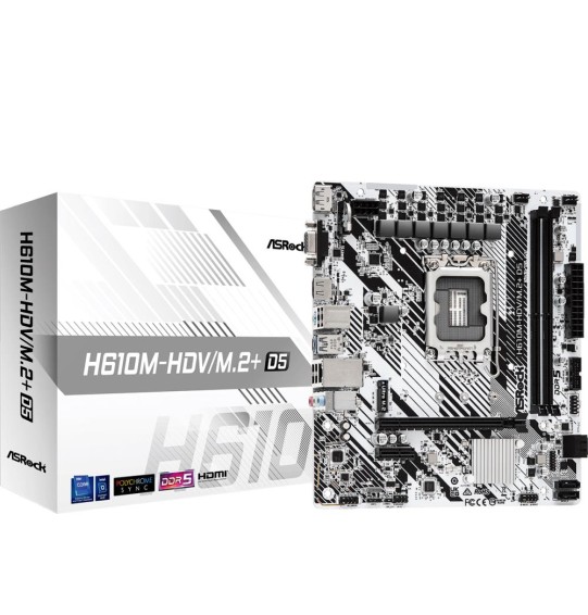 Mainboard | ASROCK | Intel H610 | LGA1700 | Micro-ATX | Memory DDR5 | Memory slots 2 | 1xPCI-Express 3.0 1x | 1xPCI-Express 4.0 16x | 1xM.2 | 1x15pin D-sub | 1xHDMI | 1xDisplayPort | 1xAudio-In | 1xAudio-Out | 1xMicrophone | 4xUSB 2.0 | 1xUSB 3.2 | 1xUSB-