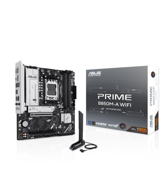 Mainboard | ASUS | AMD B850 | SAM5 | Micro-ATX | Memory DDR5 | Memory slots 4 | 1xPCI-Express 4.0 16x | 1xPCI-Express 5.0 16x | 3xM.2 | 1xHDMI | 2xDisplayPort | 4xUSB 2.0 | 4xUSB 3.2 | 1xRJ45 | 3xAudio port | PRIMEB850M-AWIFI