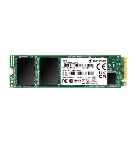 SSD | TRANSCEND | 2TB | PCIe Gen3 | NVMe | NAND flash technology 3D NAND | Write speed 2900 MBytes/sec | Read speed 3500 MBytes/sec | Form Factor M.2 | TBW 4400 TB | MTBF 200000 hours | TS2TMTE220S