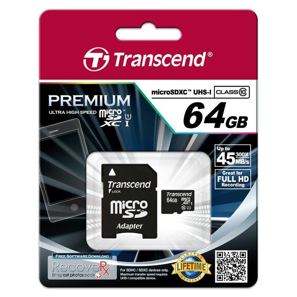 MEMORY MICRO SDXC 64GB W/ADAPT/CLASS10 TS64GUSDU1 TRANSCEND