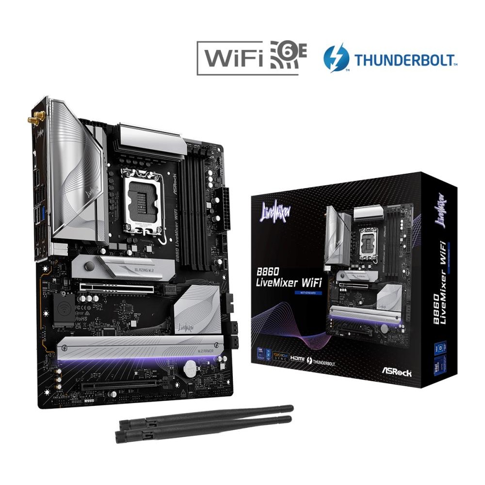 Mainboard|ASROCK|Intel B860 Express|LGA1851|ATX|Memory DDR5|Memory slots 4|1xPCI-Express 4.0 16x|1xPCI-Express 5.0 16x|1xM.2|1xHDMI|1xAudio-Out|1xMicrophone|6xUSB 2.0|6xUSB 3.2|1xUSB-C w/Thunderbolt|1xOptical S/PDIF|1xRJ45|B860LIVEMIXERWIFI Mainboard|ASROCK|Intel B860 Express|LGA1851|ATX|Memory DDR5|Memory slots 4|1xPCI-Express 4.0 16x|1xPCI-Express 5.0 16x|1xM.2|1xHDMI|1xAudio-Out|1xMicrophone|6xUSB 2.0|6xUSB 3.2|1xUSB-C w/Thunderbolt|1xOptical S/PDIF|1xRJ45|B860LIVEMIXERWIFI
