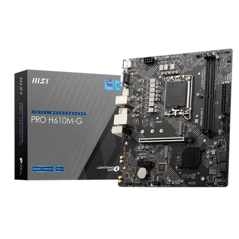 Mainboard|MSI|Intel H610|LGA1700|Micro-ATX|Memory DDR5|Memory slots 2|1xPCI-Express 1x|1xPCI-Express 16x|1xM.2|1x15pin D-sub|1xHDMI|1xDisplayPort|4xUSB 2.0|2xUSB 3.2|1xPS/2|1xRJ45|3xAudio port|PROH610M-GDDR5