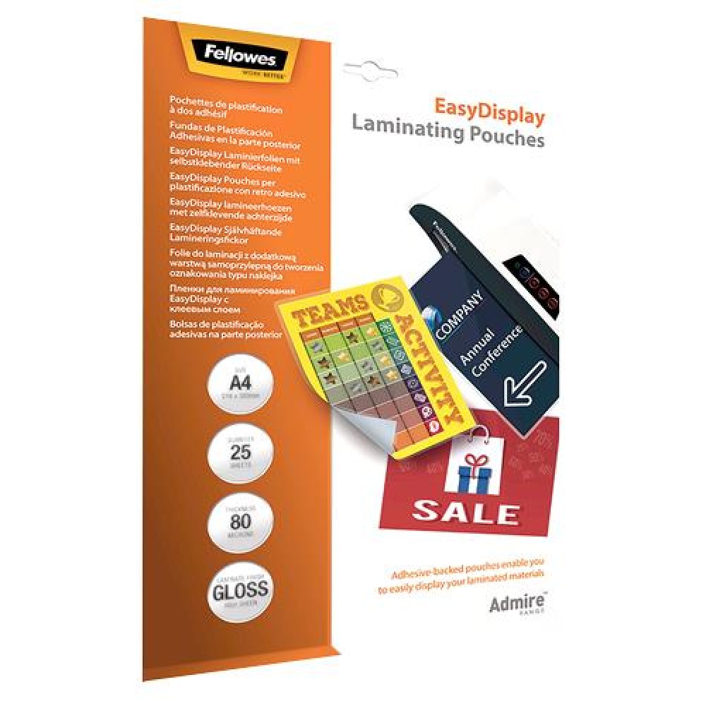 LAMINATOR POUCH EASYDISPLAY/A4 80 25PCS 5601703 FELLOWES LAMINATOR POUCH EASYDISPLAY/A4 80 25PCS 5601703 FELLOWES