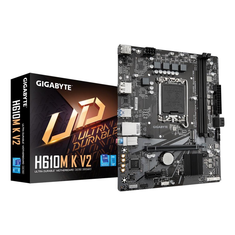 Mainboard|GIGABYTE|Intel H610|LGA1700|Micro-ATX|Memory DDR5|Memory slots 2|1xPCI-Express 3.0 1x|1xPCI-Express 4.0 16x|1xM.2|1xHDMI|1xDisplayPort|4xUSB 2.0|2xUSB 3.2|1xPS/2|1xRJ45|3xAudio port|H610MKV2