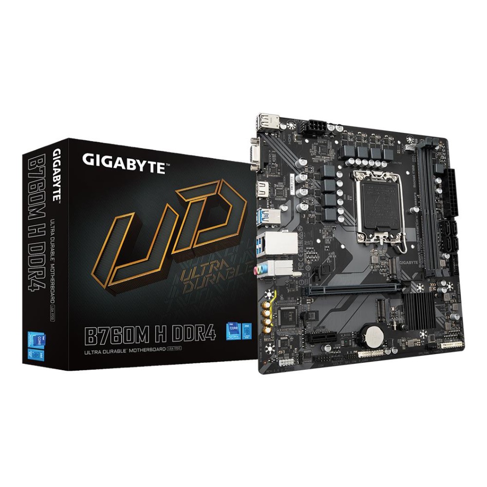 Mainboard|GIGABYTE|Intel B760 Express|LGA1700|Micro-ATX|Memory DDR4|Memory slots 2|1xPCI-Express 3.0 1x|1xPCI-Express 4.0 16x|2xM.2|1x15pin D-sub|1xHDMI|1xAudio-In|1xAudio-Out|1xMicrophone|2xUSB 2.0|4xUSB 3.2|1xRJ45|B760MHDDR4