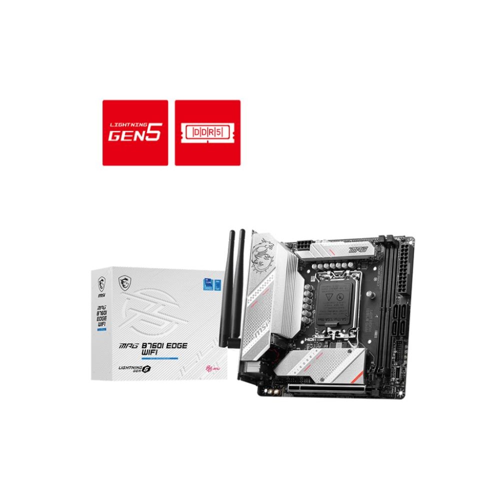 Mainboard|MSI|Intel B760 Express|LGA1700|Mini-ITX|Memory DDR5|Memory slots 2|1xPCI-Express 16x|2xM.2|1xHDMI|1xDisplayPort|2xUSB 2.0|5xUSB 3.2|1xUSB-C|1xRJ45|3xAudio port|MPGB760IEDGEWIFI Mainboard|MSI|Intel B760 Express|LGA1700|Mini-ITX|Memory DDR5|Memory slots 2|1xPCI-Express 16x|2xM.2|1xHDMI|1xDisplayPort|2xUSB 2.0|5xUSB 3.2|1xUSB-C|1xRJ45|3xAudio port|MPGB760IEDGEWIFI