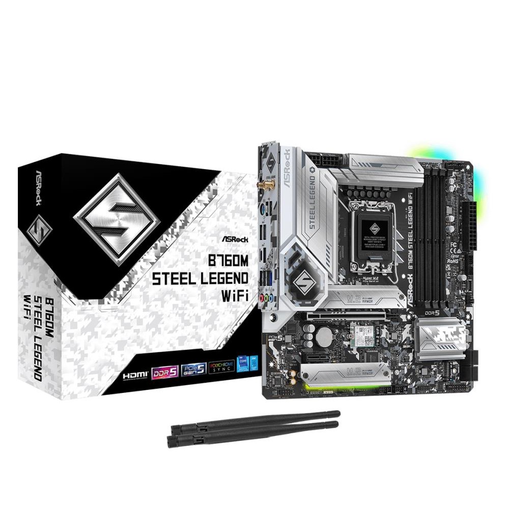 Mainboard|ASROCK|Intel B760 Express|LGA1700|Micro-ATX|Memory DDR5|Memory slots 4|1xPCI-Express 4.0 1x|1xPCI-Express 5.0 16x|4xM.2|1xHDMI|1xDisplayPort|2xUSB 2.0|5xUSB 3.2|1xUSB-C|1xPS/2|1xRJ45|3xAudio port|B760MSTEELLEGENDWIFI