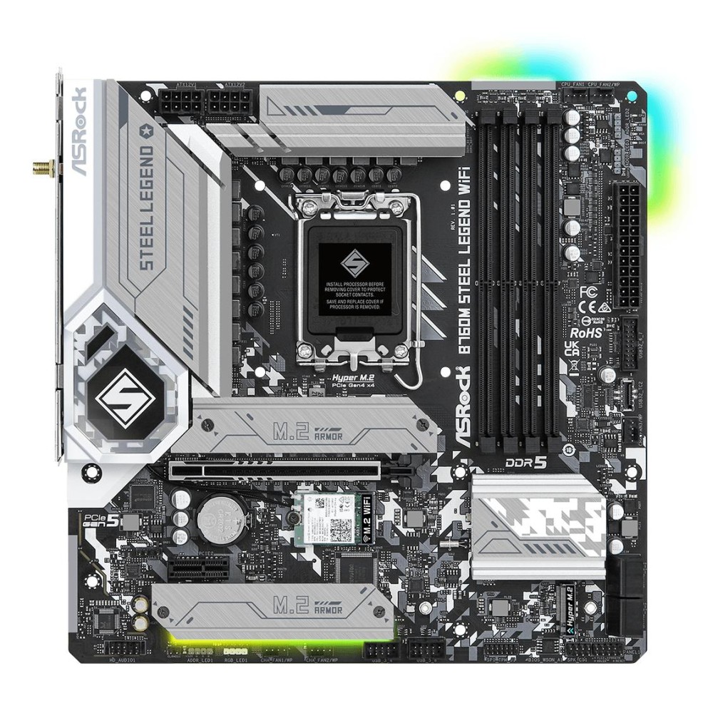 Mainboard|ASROCK|Intel B760 Express|LGA1700|Micro-ATX|Memory DDR5|Memory slots 4|1xPCI-Express 4.0 1x|1xPCI-Express 5.0 16x|4xM.2|1xHDMI|1xDisplayPort|2xUSB 2.0|5xUSB 3.2|1xUSB-C|1xPS/2|1xRJ45|3xAudio port|B760MSTEELLEGENDWIFI