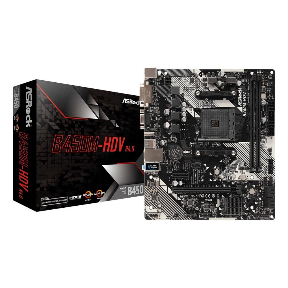 Mainboard|ASROCK|AMD B450|SAM4|Micro-ATX|Memory DDR4|Memory slots 2|1xPCI-Express 2.0 1x|1xPCI-Express 3.0 16x|1xM.2|1x15pin D-sub|1xDVI-D|1xHDMI|2xUSB 2.0|4xUSB 3.1|1xPS/2|1xRJ45|3xAudio port|B450M-HDVR4.0