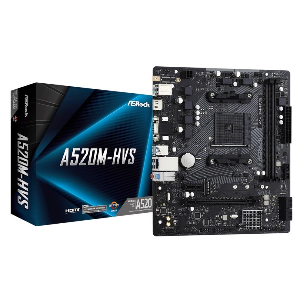 Mainboard|ASROCK|AMD A520|SAM4|Micro-ATX|Memory DDR4|Memory slots 2|1xPCI-Express 3.0 1x|1xPCI-Express 3.0 16x|1xM.2|1x15pin D-sub|1xHDMI|2xAudio-In|1xAudio-Out|2xUSB 2.0|4xUSB 3.2|1xPS/2|1xRJ45|A520M-HVS