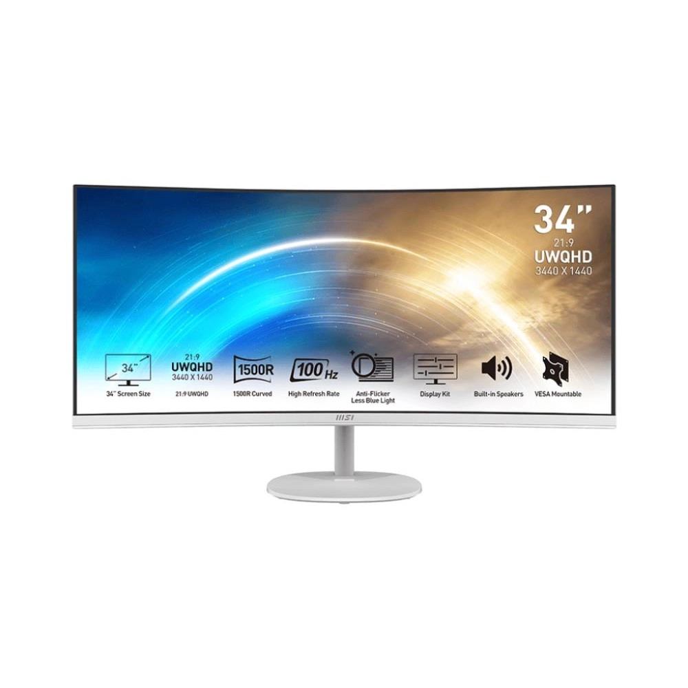 LCD Monitor|MSI|PRO MP341CQW|34"|Business/Curved/21 : 9|Panel VA|3440x1440|21:9|100Hz|Matte|4 ms|Speakers|Tilt|Colour White|PROMP341CQW