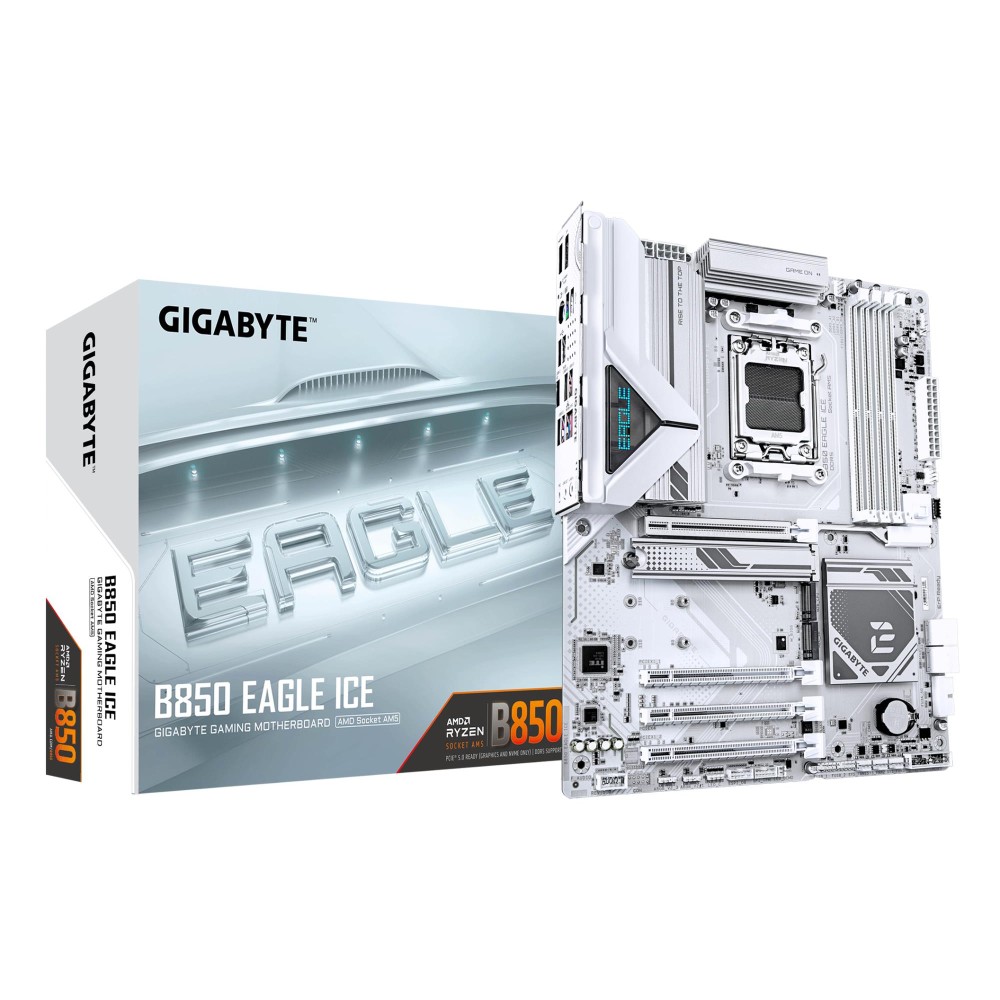 Mainboard|GIGABYTE|AMD B850|SAM5|ATX|Memory DDR5|Memory slots 4|2xPCI-Express 3.0 1x|1xPCI-Express 4.0 4x	|1xPCI-Express 5.0 16x|3xM.2|1xHDMI|1xDisplayPort|4xUSB 2.0|2xUSB 3.2|1xUSB-C|1xRJ45|3xAudio port|B850EAGLEICE