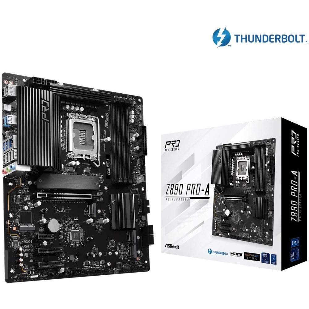 Mainboard|ASROCK|Intel Z890|LGA1851|ATX|Memory DDR5|Memory slots 4|1xPCI-Express 4.0 1x|2xPCI-Express 4.0 4x	|1xPCI-Express 5.0 16x|1xM.2|1xHDMI|1xDisplayPort|4xUSB 2.0|2xUSB 3.2 type B|1xUSB 3.2|1xUSB-C|1xUSB-C w/Thunderbolt|1xRJ45|3xAudio port|Z890PRO-A