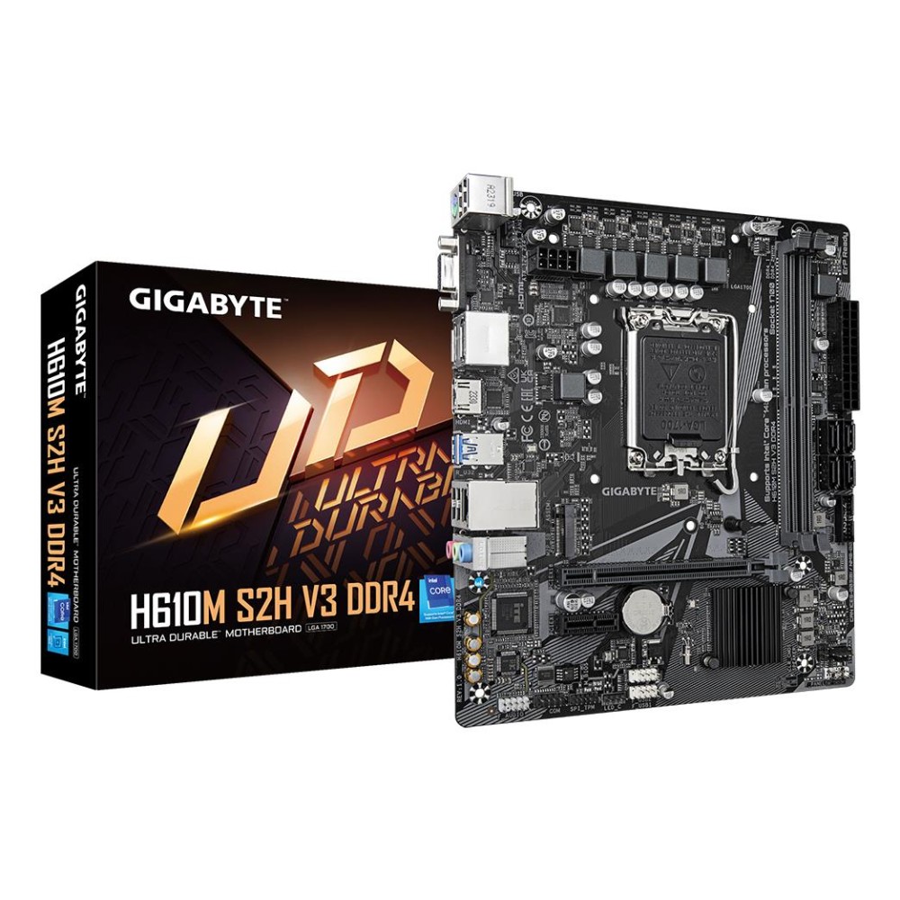 Mainboard|GIGABYTE|Intel H610|LGA1700|Micro-ATX|Memory DDR4|Memory slots 2|1xPCI-Express 3.0 1x|1xPCI-Express 4.0 16x|1xM.2|1x15pin D-sub|1xHDMI|2xDisplayPort|4xUSB 2.0|2xUSB 3.2|1xPS/2|1xRJ45|3xAudio port|H610MS2HV3DDR4