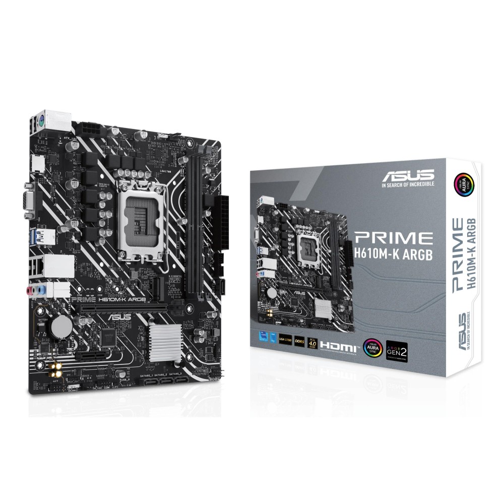 Mainboard|ASUS|Intel H610|LGA1700|Micro-ATX|Memory DDR5|Memory slots 2|1xPCI-Express 3.0 1x|1xPCI-Express 4.0 16x|1xM.2|1x15pin D-sub|1xHDMI|1xAudio-In|1xAudio-Out|1xMicrophone|4xUSB 2.0|2xUSB 3.2|1xPS/2|1xRJ45|PRIMEH610M-KARGB