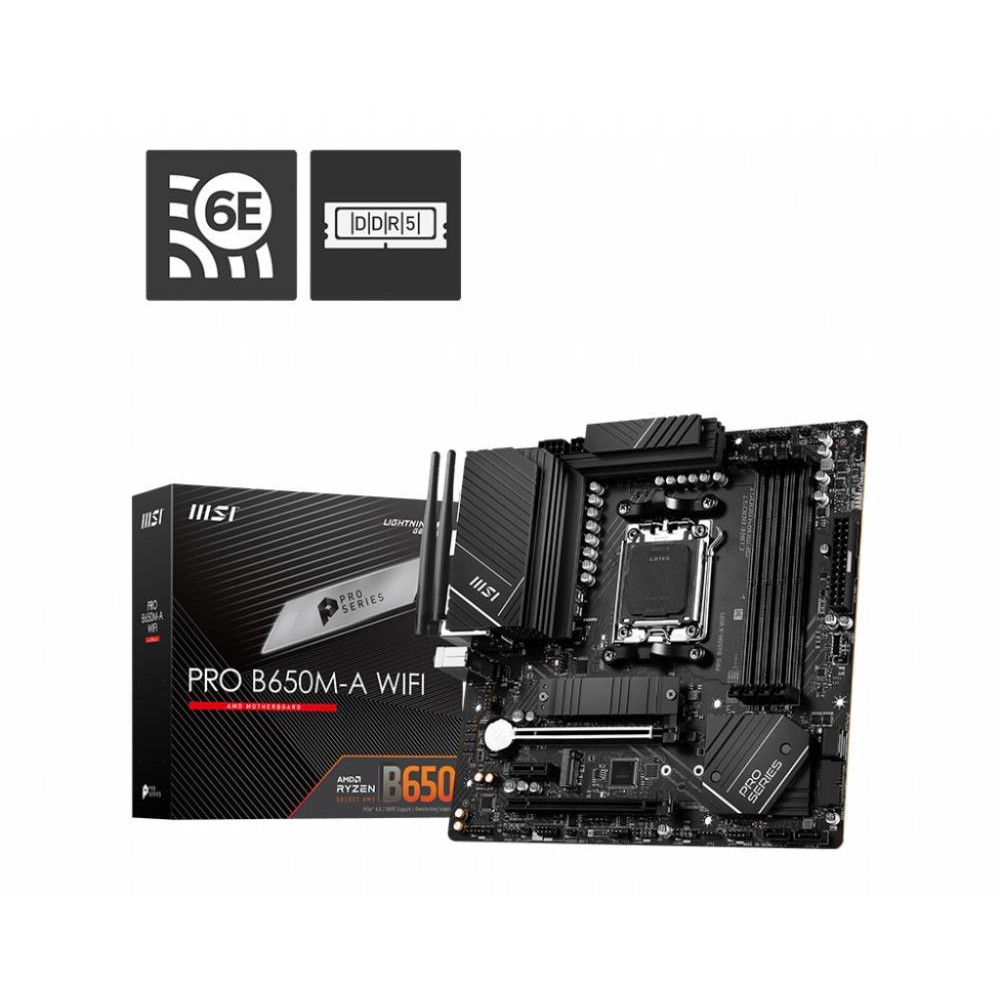 Mainboard|MSI|AMD B650|SAM5|MicroATX|Memory DDR5|Memory slots 4|1xPCI-Express 3.0 1x|2xPCI-Express 4.0 16x|2xM.2|1xHDMI|1xDisplayPort|8xUSB 3.2|1xRJ45|3xAudio port|PROB650M-AWIFI Mainboard|MSI|AMD B650|SAM5|MicroATX|Memory DDR5|Memory slots 4|1xPCI-Express 3.0 1x|2xPCI-Express 4.0 16x|2xM.2|1xHDMI|1xDisplayPort|8xUSB 3.2|1xRJ45|3xAudio port|PROB650M-AWIFI
