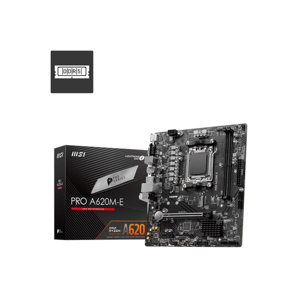 Mainboard|MSI|AMD A620|SAM5|Micro-ATX|Memory DDR5|Memory slots 2|1xPCI-Express 3.0 1x|1xPCI-Express 4.0 16x|1xM.2|1x15pin D-sub|1xHDMI|2xUSB 2.0|4xUSB 3.2|2xPS/2|1xRJ45|3xAudio port|PROA620M-E Mainboard|MSI|AMD A620|SAM5|Micro-ATX|Memory DDR5|Memory slots 2|1xPCI-Express 3.0 1x|1xPCI-Express 4.0 16x|1xM.2|1x15pin D-sub|1xHDMI|2xUSB 2.0|4xUSB 3.2|2xPS/2|1xRJ45|3xAudio port|PROA620M-E
