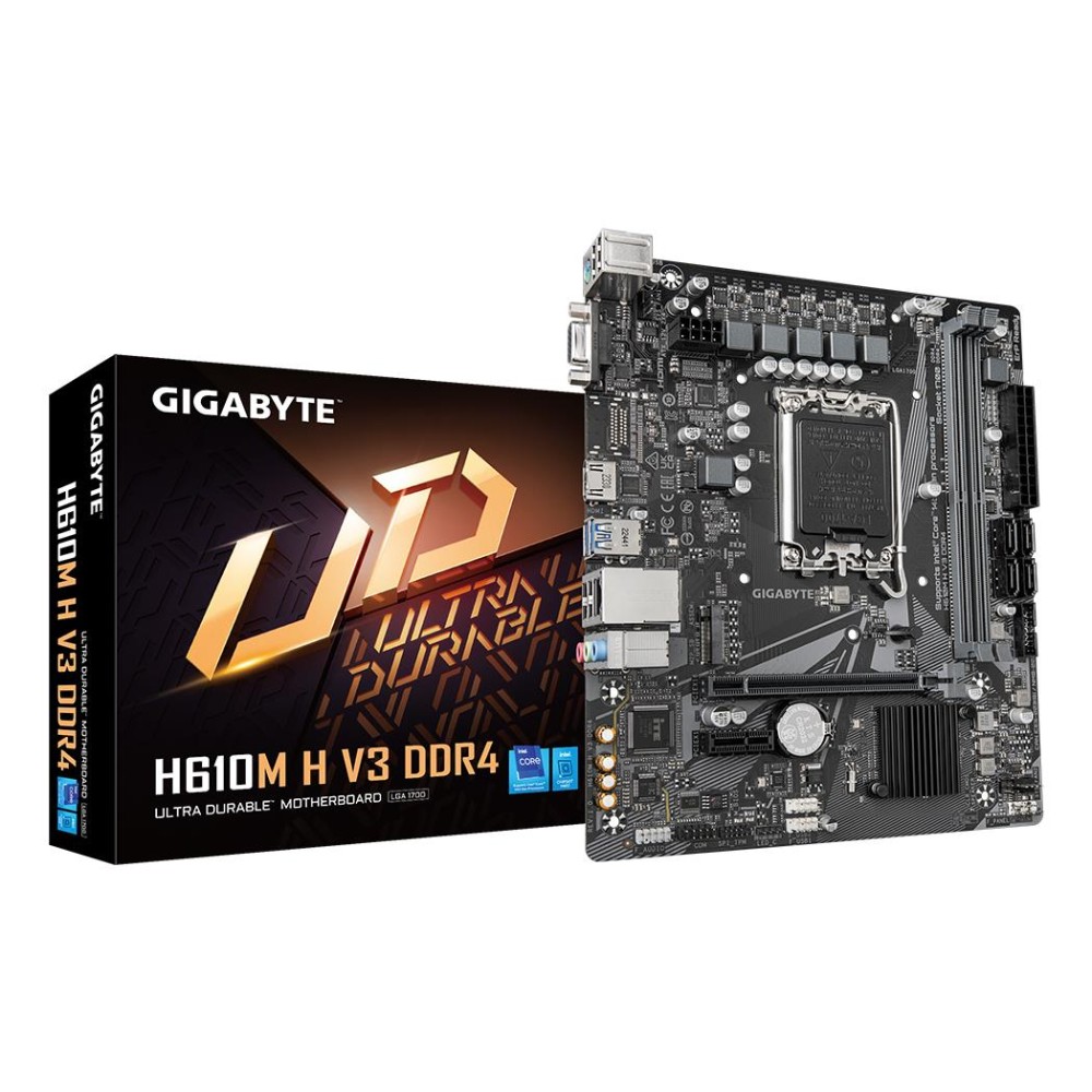 Mainboard|GIGABYTE|Intel H610|LGA1700|Micro-ATX|Memory DDR4|Memory slots 2|1xPCI-Express 3.0 1x|1xPCI-Express 4.0 16x|1xM.2|1x15pin D-sub|1xHDMI|4xUSB 2.0|2xUSB 3.2|1xPS/2|1xRJ45|3xAudio port|H610MHV3DDR4