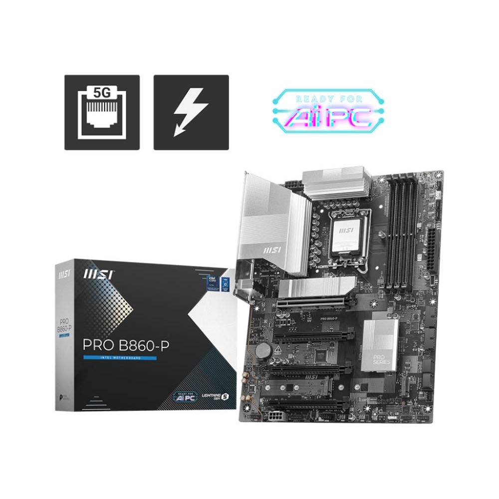 Mainboard|MSI|Intel B860 Express|LGA1851|ATX|Memory DDR5|Memory slots 4|4xPCI-Express 16x|1xHDMI|1xDisplayPort|1xAudio-In|1xAudio-Out|1xMicrophone|4xUSB 2.0|2xUSB 3.0|2xUSB 3.2|1xUSB-C w/Thunderbolt|1xRJ45|PROB860-P Mainboard|MSI|Intel B860 Express|LGA1851|ATX|Memory DDR5|Memory slots 4|4xPCI-Express 16x|1xHDMI|1xDisplayPort|1xAudio-In|1xAudio-Out|1xMicrophone|4xUSB 2.0|2xUSB 3.0|2xUSB 3.2|1xUSB-C w/Thunderbolt|1xRJ45|PROB860-P