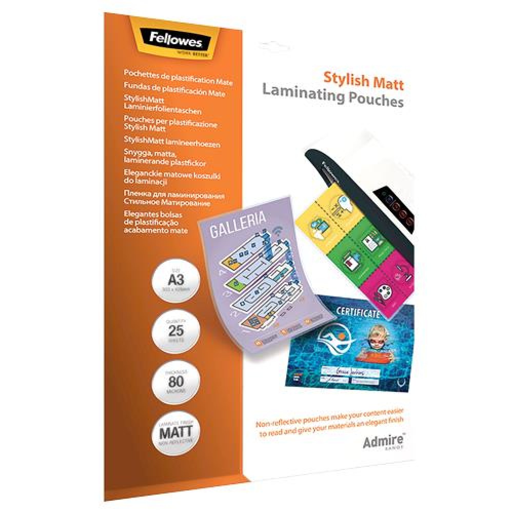 LAMINATOR POUCH STYLISH MATT/A3 80 25PCS 5602201 FELLOWES LAMINATOR POUCH STYLISH MATT/A3 80 25PCS 5602201 FELLOWES