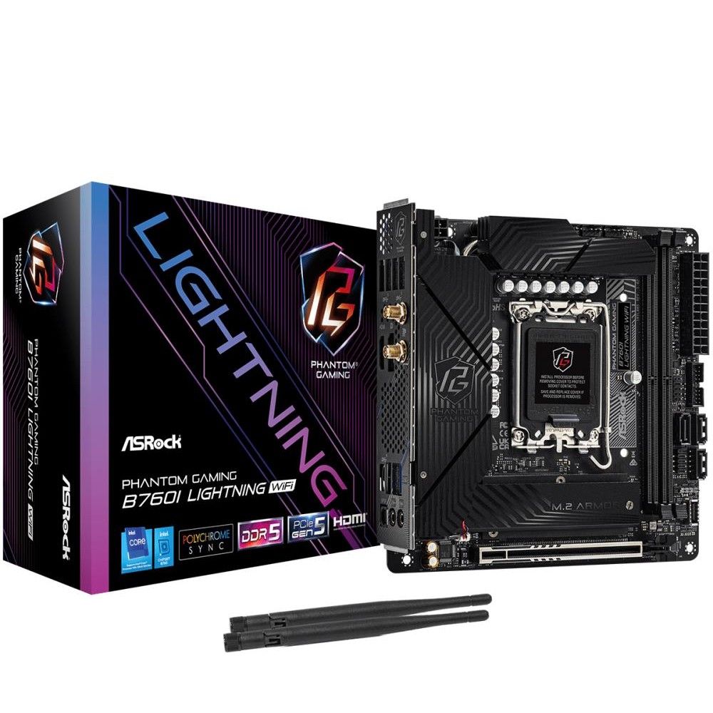Mainboard|ASROCK|Intel B760 Express|LGA1700|Mini-ITX|Memory DDR5|Memory slots 2|1xPCI-Express 5.0 16x|3xM.2|1xHDMI|1xDisplayPort|5xUSB 3.2|1xUSB-C|1xOptical S/PDIF|1xRJ45|2xAudio port|B760ILIGHTNINGWIFI Mainboard|ASROCK|Intel B760 Express|LGA1700|Mini-ITX|Memory DDR5|Memory slots 2|1xPCI-Express 5.0 16x|3xM.2|1xHDMI|1xDisplayPort|5xUSB 3.2|1xUSB-C|1xOptical S/PDIF|1xRJ45|2xAudio port|B760ILIGHTNINGWIFI