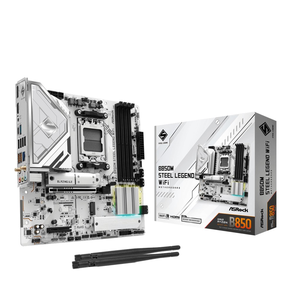 Mainboard|ASROCK|AMD B850|SAM5|Micro-ATX|Memory DDR5|Memory slots 4|4xPCI-Express 4.0 4x	|1xPCI-Express 5.0 16x|1xM.2|1xHDMI|1xDisplayPort|1xAudio-In|1xAudio-Out|1xMicrophone|4xUSB 2.0|3xUSB 3.2|1xUSB-C|1xRJ45|B850MSTEELLEGENDWIFI