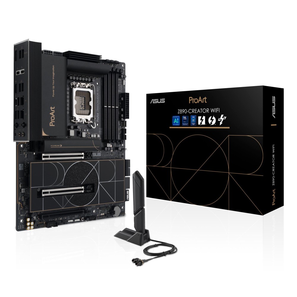 Mainboard|ASUS|Intel Z890|LGA1851|ATX|Memory DDR5|Memory slots 4|1xPCI-Express 4.0 16x|2xPCI-Express 5.0 16x|5xM.2|1xHDMI|1xDisplayPort|1xAudio-In|1xAudio-Out|1xUSB 2.0|6xUSB 3.2|3xUSB-C w/Thunderbolt|1xRJ45|PROARTZ890-CREATORWIFI