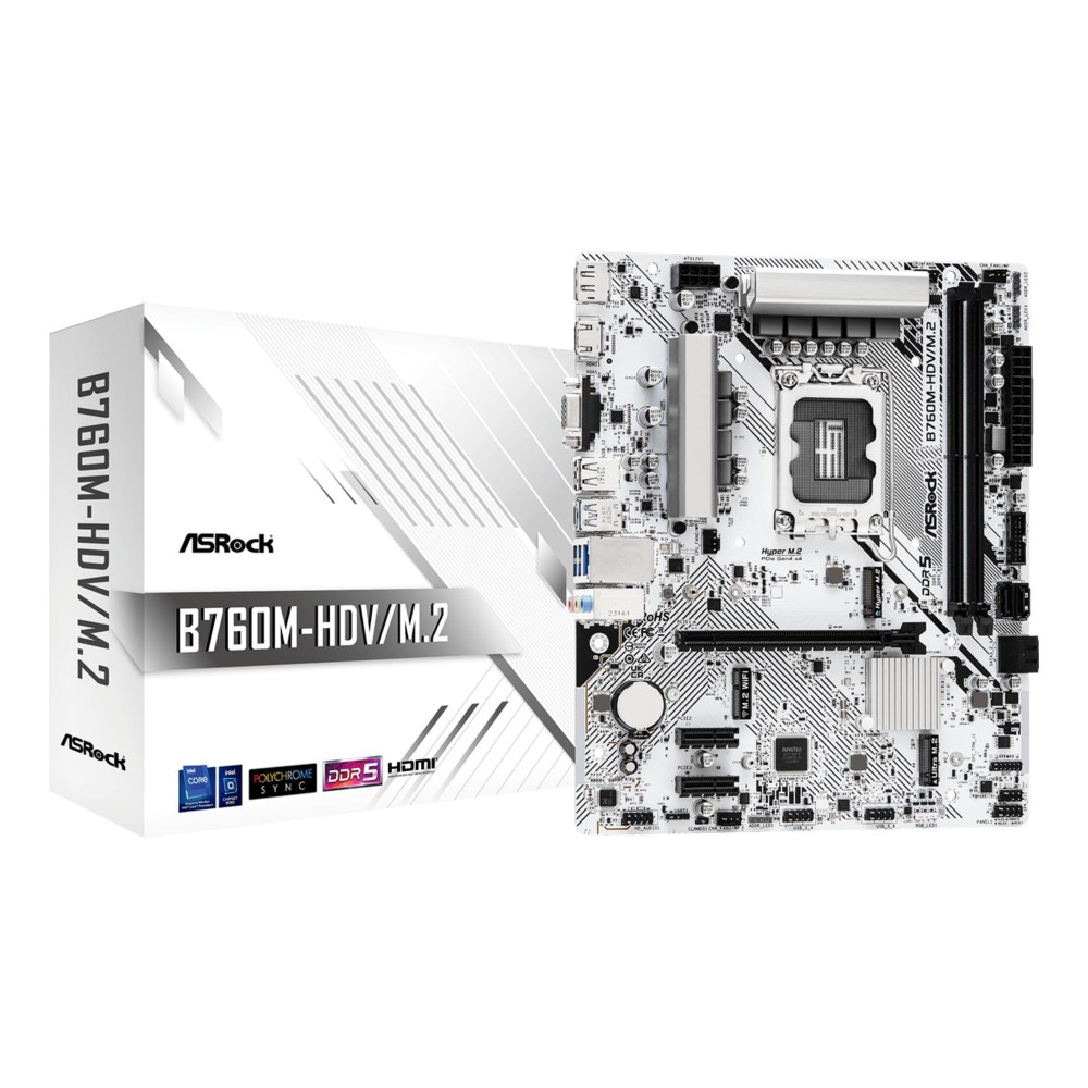 Mainboard|ASROCK|Intel B760 Express|LGA1700|Micro-ATX|Memory DDR5|Memory slots 2|2xPCI-Express 3.0 1x|1xPCI-Express 4.0 16x|1xM.2|1x15pin D-sub|1xHDMI|1xDisplayPort|1xAV-In|1xAV-out|1xMicrophone|2xUSB 2.0|3xUSB 3.2|1xUSB-C|1xRJ45|B760M-HDV/M.2