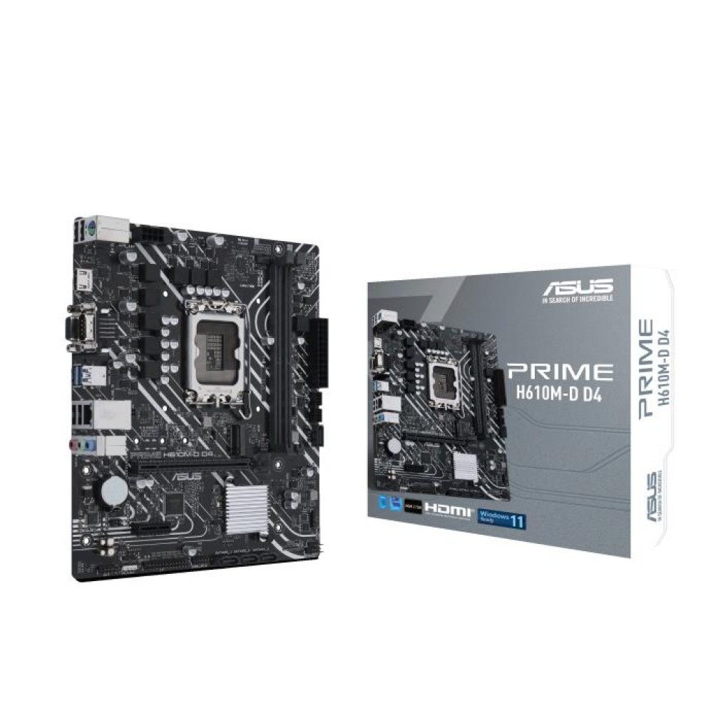 Mainboard|ASUS|Intel H610|LGA1700|MicroATX|Memory DDR4|Memory slots 2|1xPCI-Express 3.0 1x|1xPCI-Express 4.0 16x|1xM.2|1x15pin D-sub|1xHDMI|2xAudio-In|1xAudio-Out|4xUSB 2.0|2xUSB 3.2|1xCOM|1xPS/2|1xRJ45|PRIMEH610M-DD4