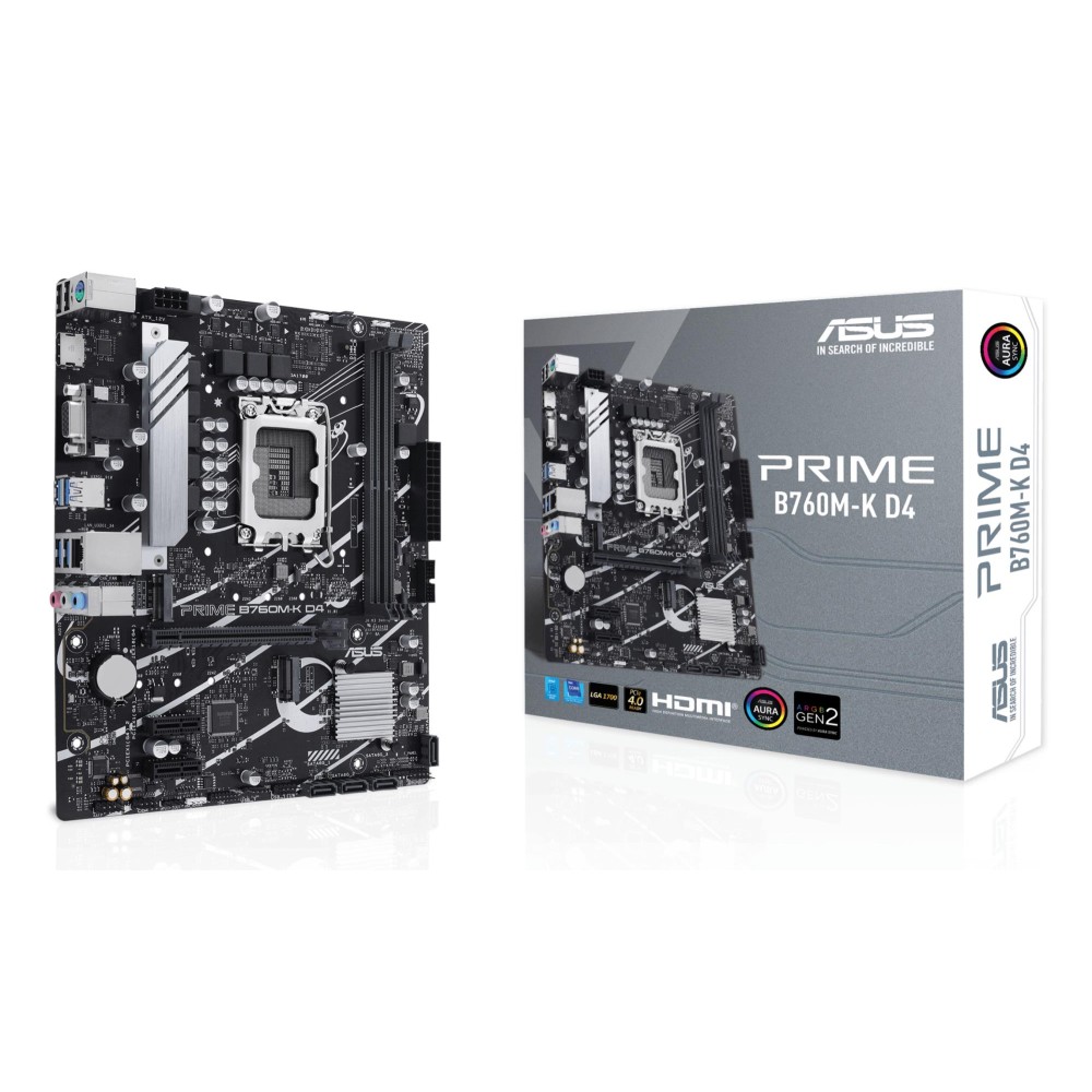 Mainboard|ASUS|Intel B760 Express|LGA1700|Micro-ATX|Memory DDR4|Memory slots 2|2xPCI-Express 4.0 1x|1xPCI-Express 4.0 16x|2xM.2|1x15pin D-sub|1xHDMI|2xUSB 2.0|4xUSB 3.2|1xPS/2|1xRJ45|3xAudio port|PRIMEB760M-KD4