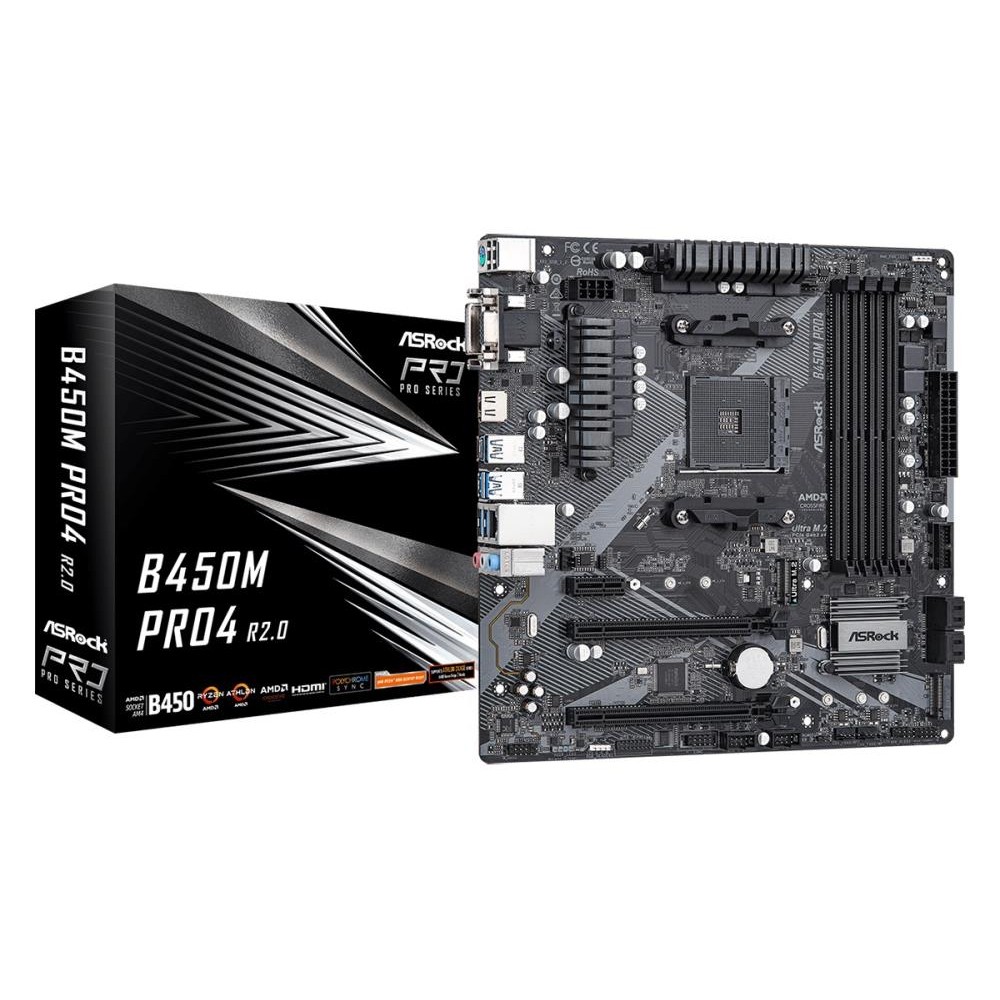 Mainboard|ASROCK|AMD B450|SAM4|Micro-ATX|Memory DDR4|Memory slots 4|1xPCI-Express 2.0 1x|1xPCI-Express 2.0 16x|1xPCI-Express 3.0 16x|2xM.2|1x15pin D-sub|1xDVI-D|1xHDMI|2xAudio-In|1xAudio-Out|2xUSB 2.0|5xUSB 3.2|1xUSB-C|1xPS/2|1xRJ45|B450MPRO4R2.0 Mainboard|ASROCK|AMD B450|SAM4|Micro-ATX|Memory DDR4|Memory slots 4|1xPCI-Express 2.0 1x|1xPCI-Express 2.0 16x|1xPCI-Express 3.0 16x|2xM.2|1x15pin D-sub|1xDVI-D|1xHDMI|2xAudio-In|1xAudio-Out|2xUSB 2.0|5xUSB 3.2|1xUSB-C|1xPS/2|1xRJ45|B450MPRO4R2.0