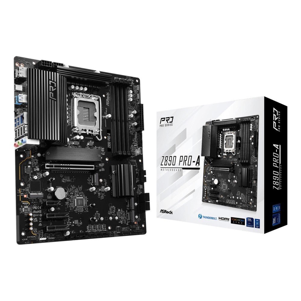 Mainboard|ASROCK|Intel Z890|LGA1851|ATX|Memory DDR5|Memory slots 4|1xPCI-Express 4.0 1x|2xPCI-Express 4.0 4x	|1xPCI-Express 5.0 16x|1xM.2|1xHDMI|1xDisplayPort|4xUSB 2.0|2xUSB 3.2 type B|1xUSB 3.2|1xUSB-C|1xUSB-C w/Thunderbolt|1xRJ45|3xAudio port|Z890PRO-A