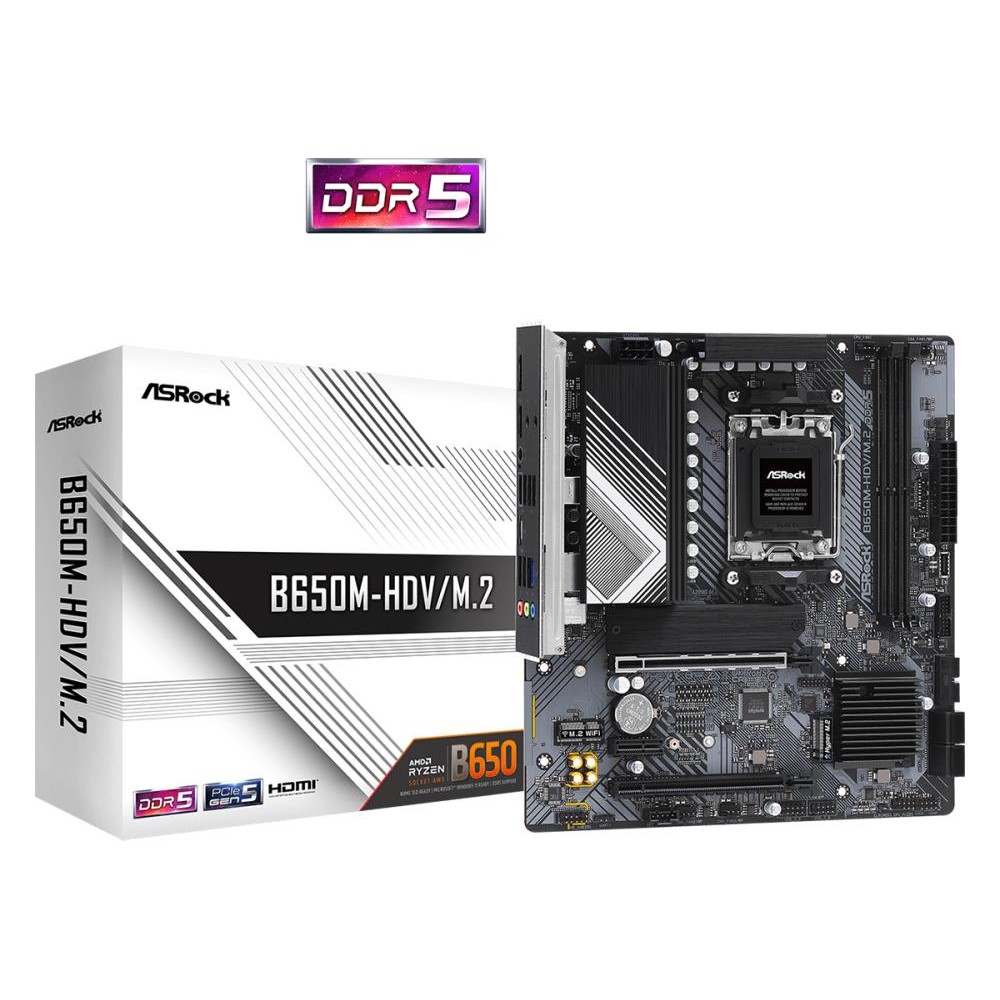 Mainboard|ASROCK|AMD B650|SAM5|Micro-ATX|Memory DDR5|Memory slots 2|1xPCI-Express 4.0 1x|2xPCI-Express 4.0 16x|1xM.2|1xHDMI|1xDisplayPort|1xAudio-In|1xAudio-Out|1xMicrophone|4xUSB 2.0|2xUSB 3.2|1xUSB-C|1xRJ45|B650M-HDV/M.2 Mainboard|ASROCK|AMD B650|SAM5|Micro-ATX|Memory DDR5|Memory slots 2|1xPCI-Express 4.0 1x|2xPCI-Express 4.0 16x|1xM.2|1xHDMI|1xDisplayPort|1xAudio-In|1xAudio-Out|1xMicrophone|4xUSB 2.0|2xUSB 3.2|1xUSB-C|1xRJ45|B650M-HDV/M.2