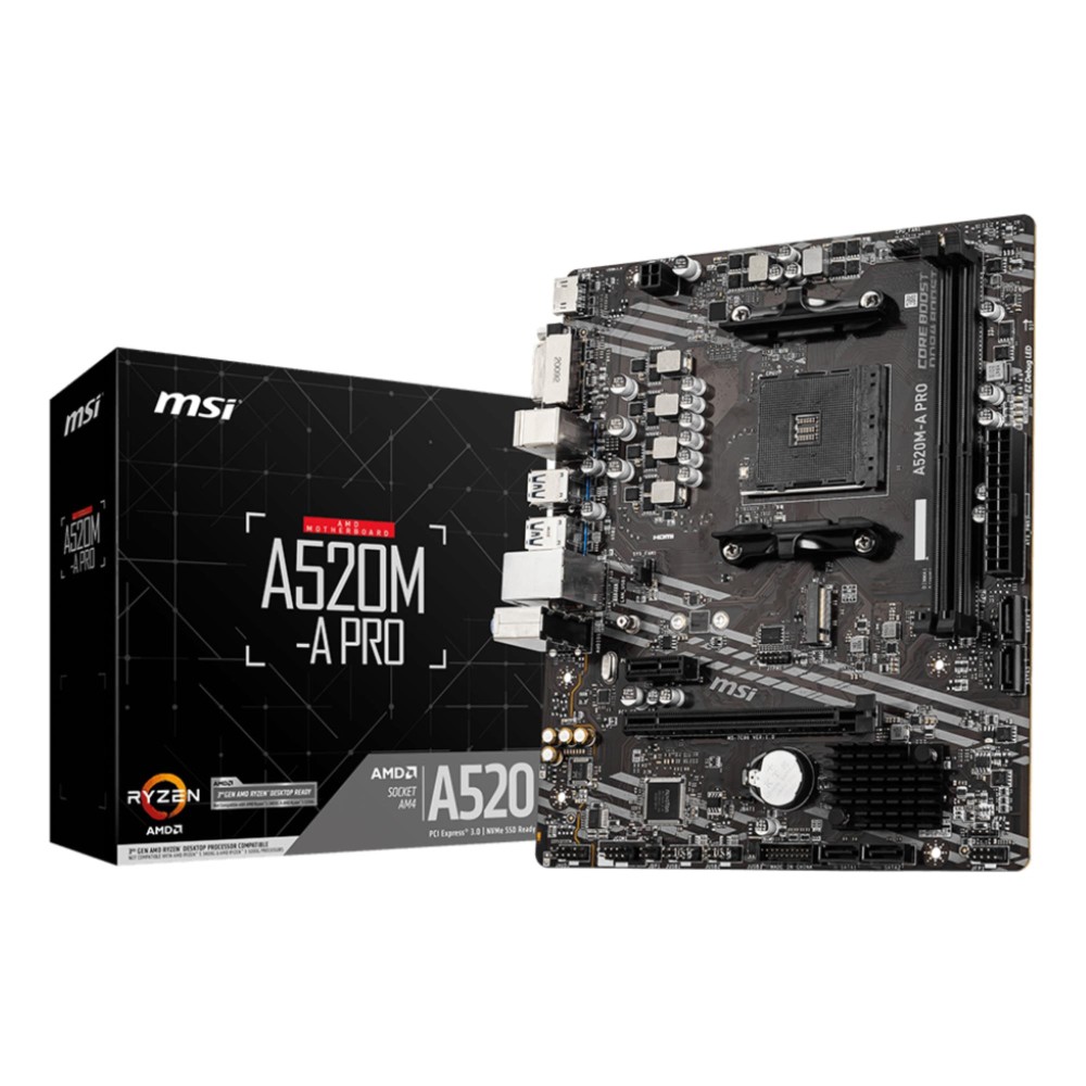 Mainboard|MSI|AMD A520|SAM4|MicroATX|1xPCI-Express 3.0 1x|1xPCI-Express 3.0 16x|1xM.2|Memory DDR4|Memory slots 2|1xDVI|1xHDMI|2xAudio-Out|2xUSB 2.0|4xUSB 3.2|1xRJ45|A520M-APRO