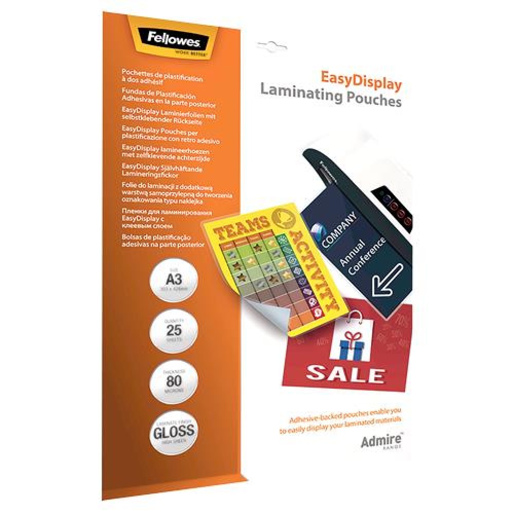 LAMINATOR POUCH ADHESIVE/A3 80 25PCS 5601803 FELLOWES LAMINATOR POUCH ADHESIVE/A3 80 25PCS 5601803 FELLOWES