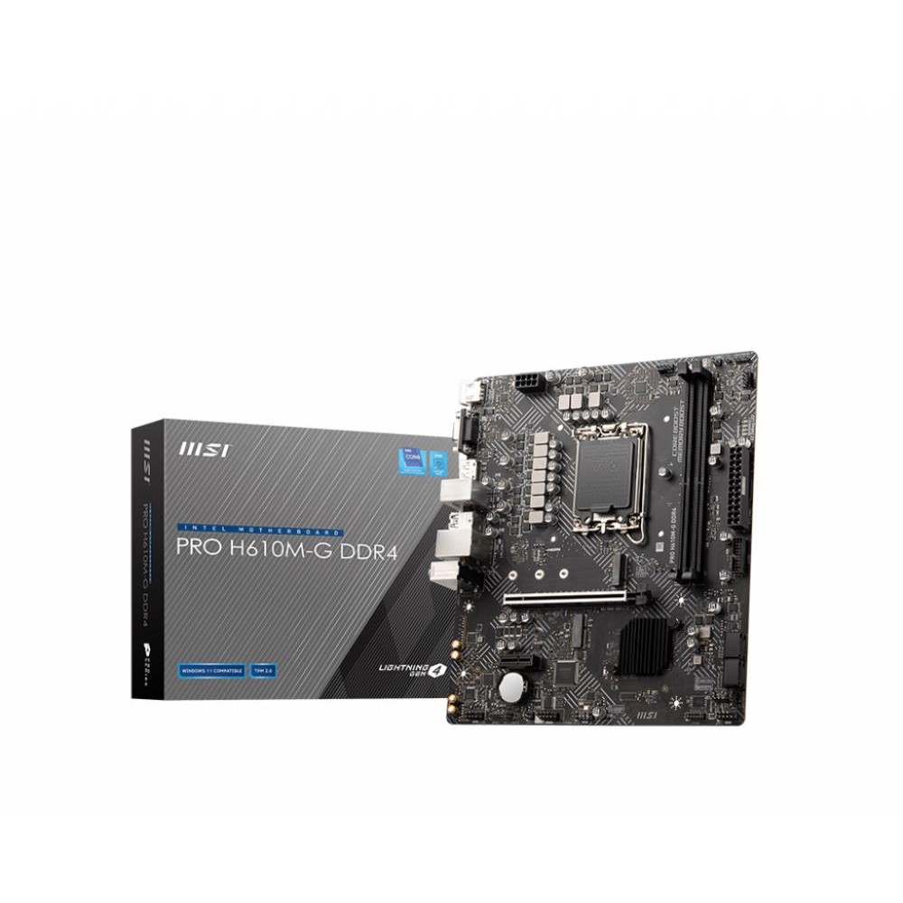 Mainboard|MSI|Intel H610|LGA1700|MicroATX|Memory DDR4|Memory slots 2|1xPCI-Express 3.0 1x|1xPCI-Express 4.0 16x|1xM.2|1x15pin D-sub|1xHDMI|1xDisplayPort|2xAudio-In|1xAudio-Out|4xUSB 2.0|2xUSB 3.2|1xPS/2|1xRJ45|PROH610M-GDDR4