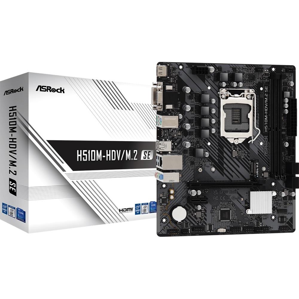 Mainboard|ASROCK|Intel H470 Express|LGA1200|Micro-ATX|Memory DDR4|Memory slots 2|1xPCI-Express 3.0 1x|1xPCI-Express 4.0 16x|1xM.2|1x15pin D-sub|1xDVI-D|1xHDMI|2xUSB 2.0|4xUSB 3.2|1xRJ45|3xAudio port|H510M-HDV/M.2SE Mainboard|ASROCK|Intel H470 Express|LGA1200|Micro-ATX|Memory DDR4|Memory slots 2|1xPCI-Express 3.0 1x|1xPCI-Express 4.0 16x|1xM.2|1x15pin D-sub|1xDVI-D|1xHDMI|2xUSB 2.0|4xUSB 3.2|1xRJ45|3xAudio port|H510M-HDV/M.2SE