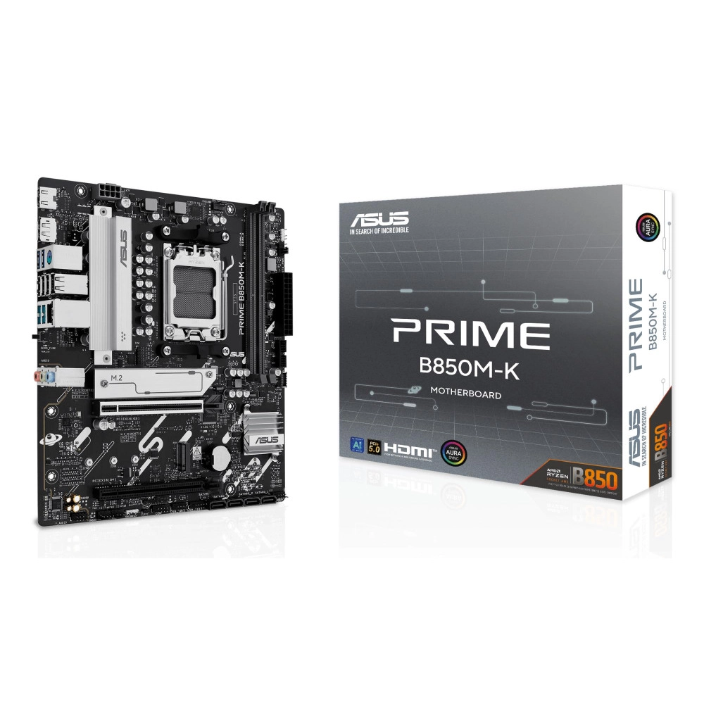 Mainboard|ASUS|AMD B850|SAM5|Micro-ATX|Memory DDR5|Memory slots 2|1xPCI-Express 4.0 16x|1xPCI-Express 5.0 16x|2xM.2|1xHDMI|1xDisplayPort|4xUSB 2.0|4xUSB 3.2|1xPS/2|3xAudio port|PRIMEB850M-K