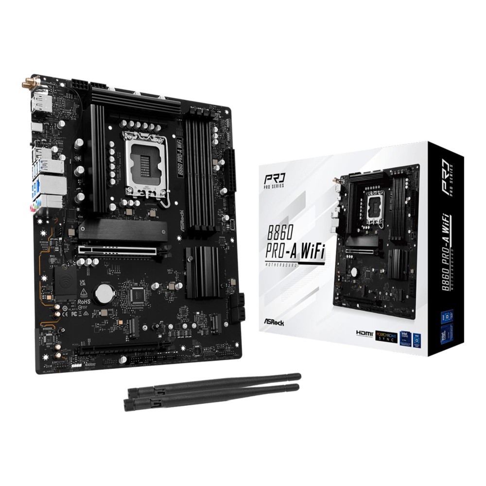 Mainboard|ASROCK|Intel B860 Express|LGA1851|ATX|Memory DDR5|Memory slots 4|1xPCI-Express 4.0 16x|1xPCI-Express 5.0 16x|1xM.2|1xHDMI|1xDisplayPort|1xAudio-In|1xAudio-Out|1xMicrophone|2xUSB 2.0|6xUSB 3.2|1xUSB-C|1xRJ45|B860PRO-AWIFI