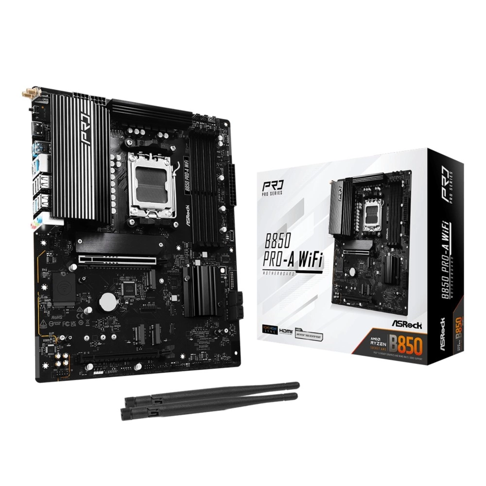Mainboard|ASROCK|AMD B850|SAM5|ATX|Memory DDR5|Memory slots 4|1xPCI-Express 4.0 16x|1xPCI-Express 5.0 16x|1xM.2|1xHDMI|1xAudio-In|1xAudio-Out|1xMicrophone|6xUSB 2.0|4xUSB 3.2|1xUSB-C|1xRJ45|B850PRO-AWIFI