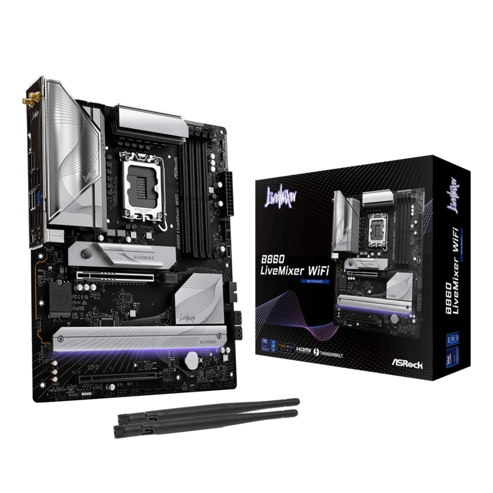 Mainboard|ASROCK|Intel B860 Express|LGA1851|ATX|Memory DDR5|Memory slots 4|1xPCI-Express 4.0 16x|1xPCI-Express 5.0 16x|1xM.2|1xHDMI|1xAudio-Out|1xMicrophone|6xUSB 2.0|6xUSB 3.2|1xUSB-C w/Thunderbolt|1xOptical S/PDIF|1xRJ45|B860LIVEMIXERWIFI