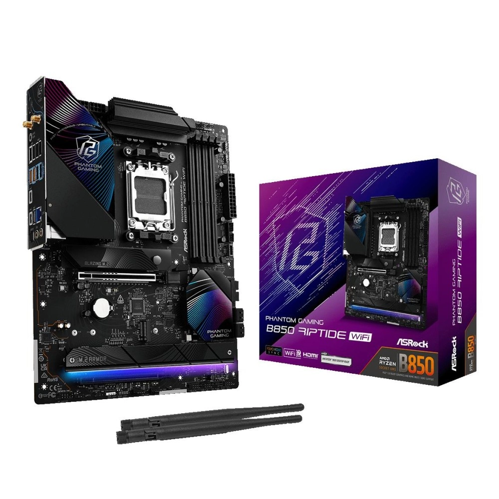 Mainboard|ASROCK|AMD B850|SAM5|ATX|Memory DDR5|Memory slots 4|1xPCI-Express 4.0 16x|1xPCI-Express 5.0 16x|1xM.2|1xHDMI|1xAudio-In|1xAudio-Out|8xUSB 2.0|9xUSB 3.2|3xUSB-C|1xOptical S/PDIF|1xRJ45|B850RIPTIDEWIFI